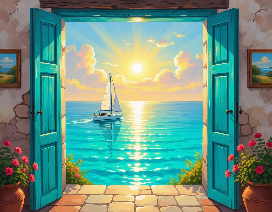 Impressionist Seascape: Woman Gazes at Golden Sunset Sea