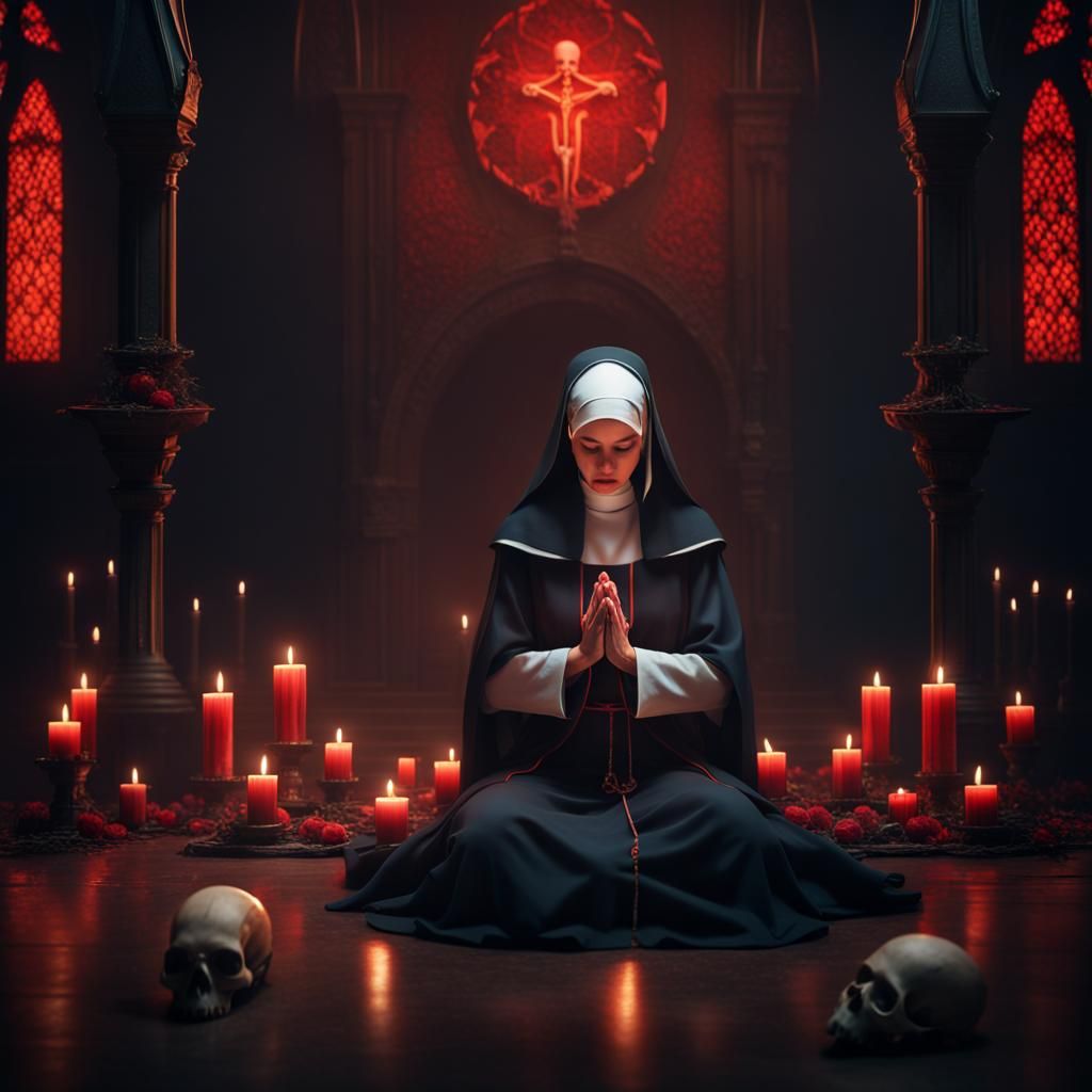 Nun Praying at Skull Altar: Matte Painting
