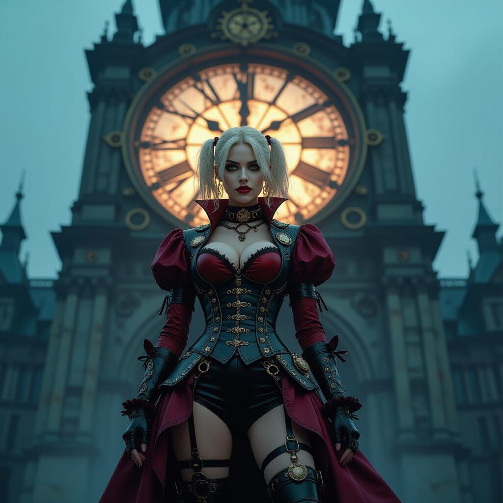Steampunk Woman Before Clock Tower in Gothic Style