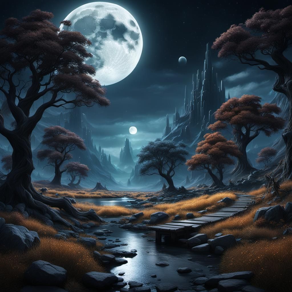 Fantastical Full Moon Landscape in Detailed Matte Style
