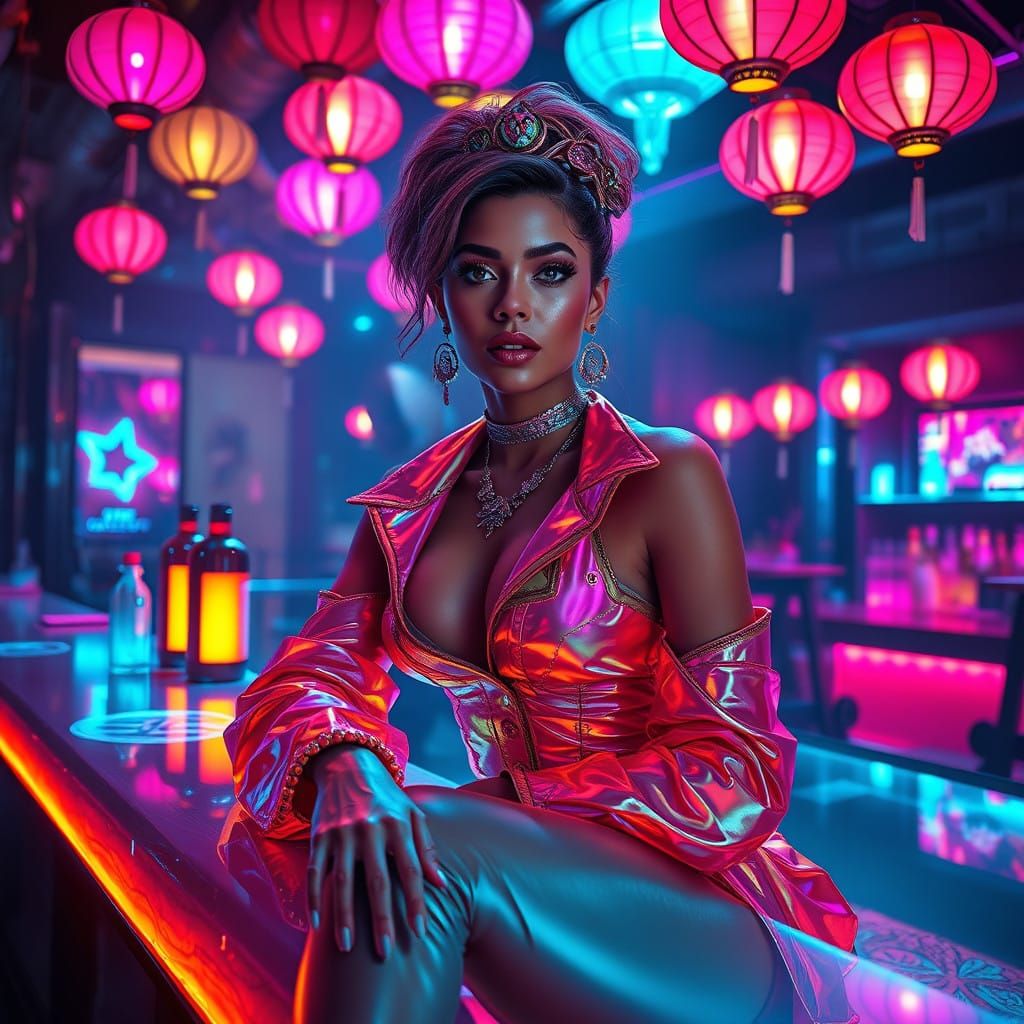 Confident Party Queen Under Neon Lights
