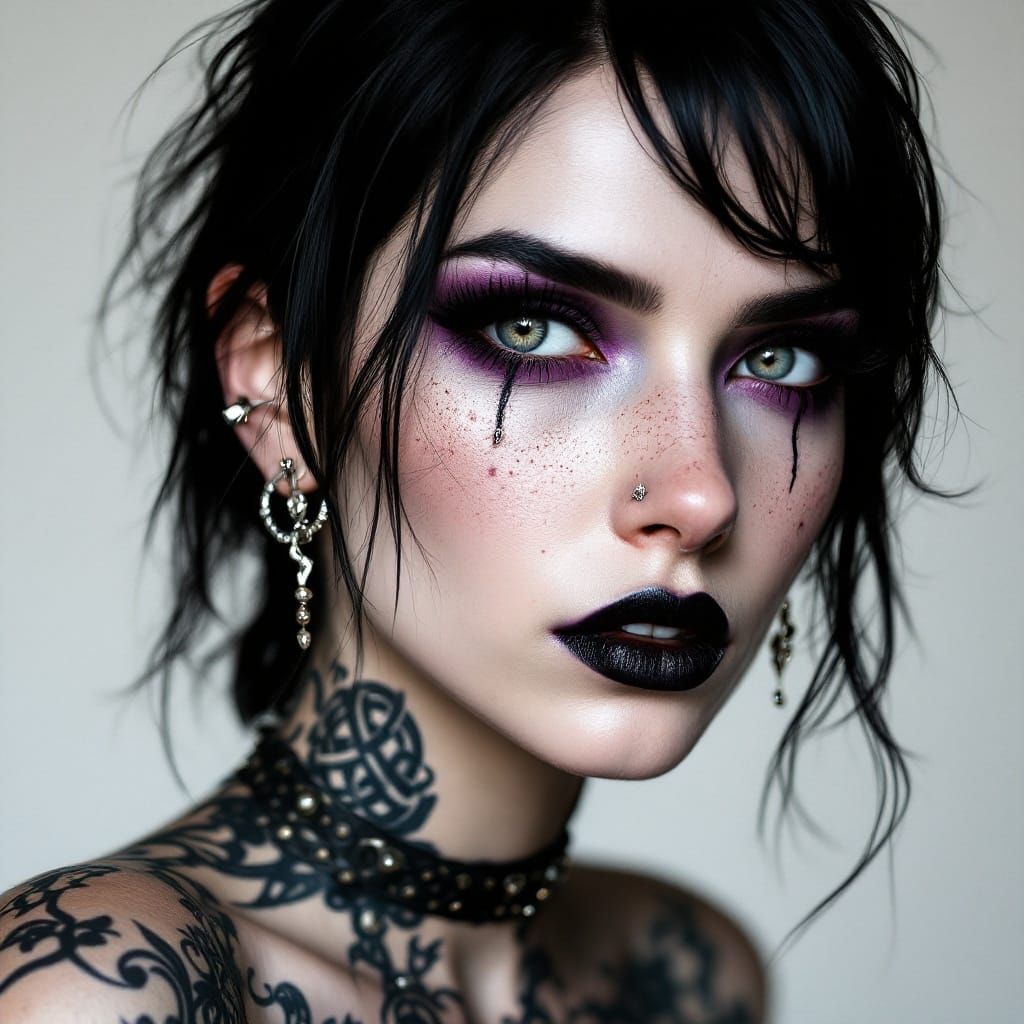 I/4 body portrait of a woman with striking features. She has silky, pitch-black hair, a pale complexion, and a face full...