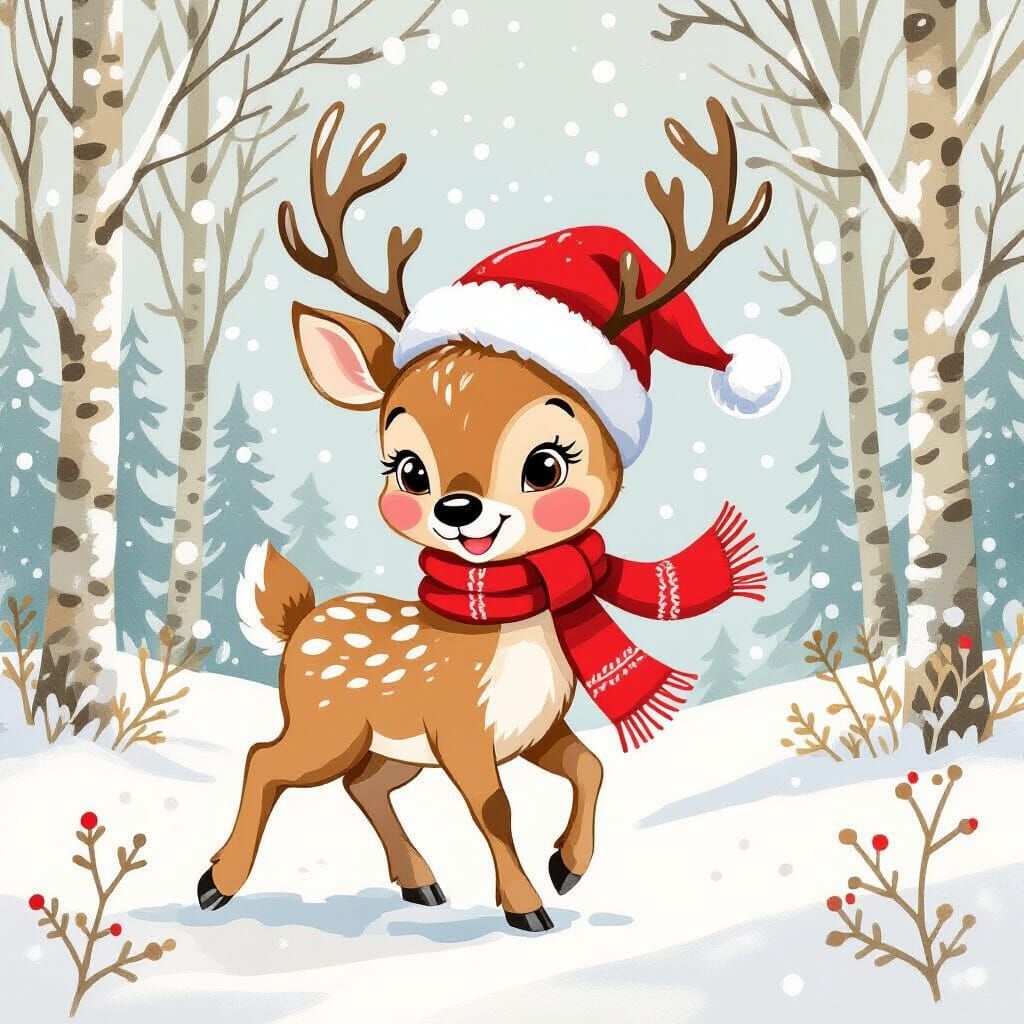 Christmas Reindeer in Primitive Watercolor Style