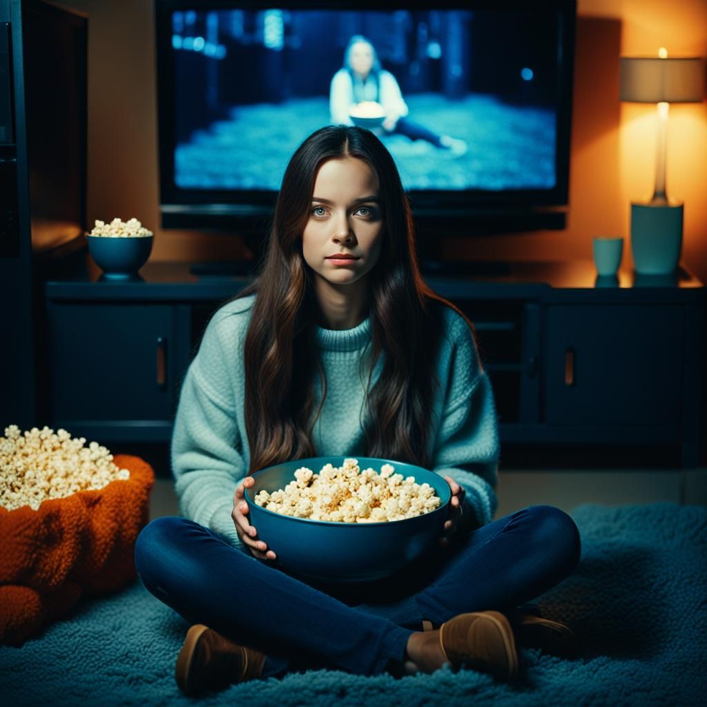 Cozy Brunette with Popcorn: Cinematic Film Still