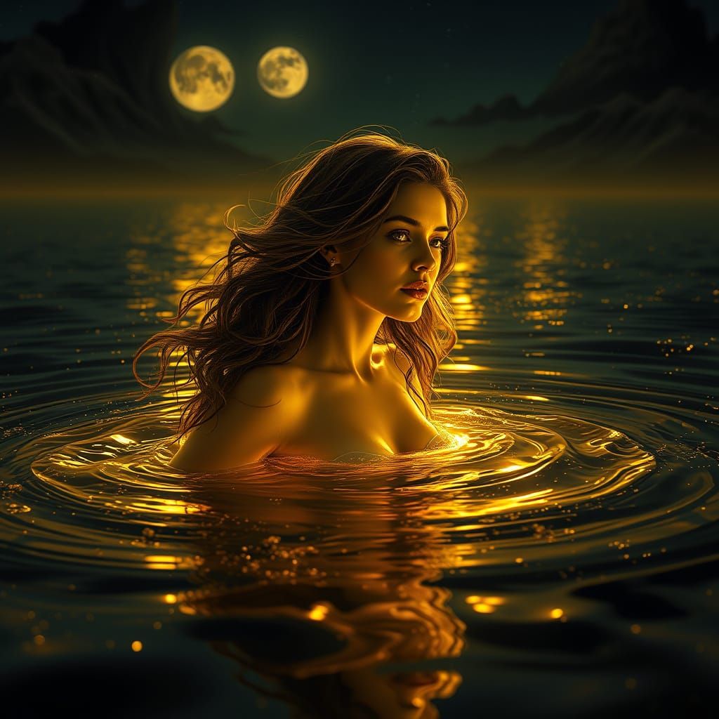 Beautiful Woman Emerging from Golden Lake Under Moonlight