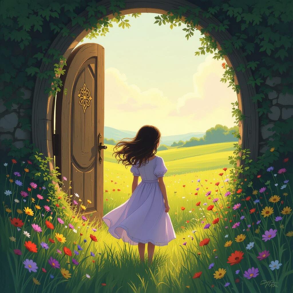 Mystical Door in Field, Whimsical Fantasy Art
