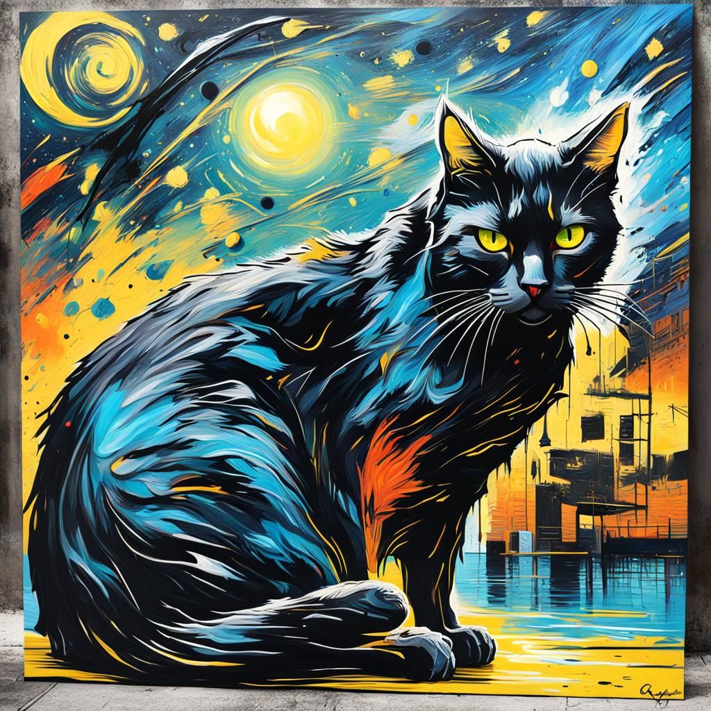 Black Cat Starry Night Graffiti Art