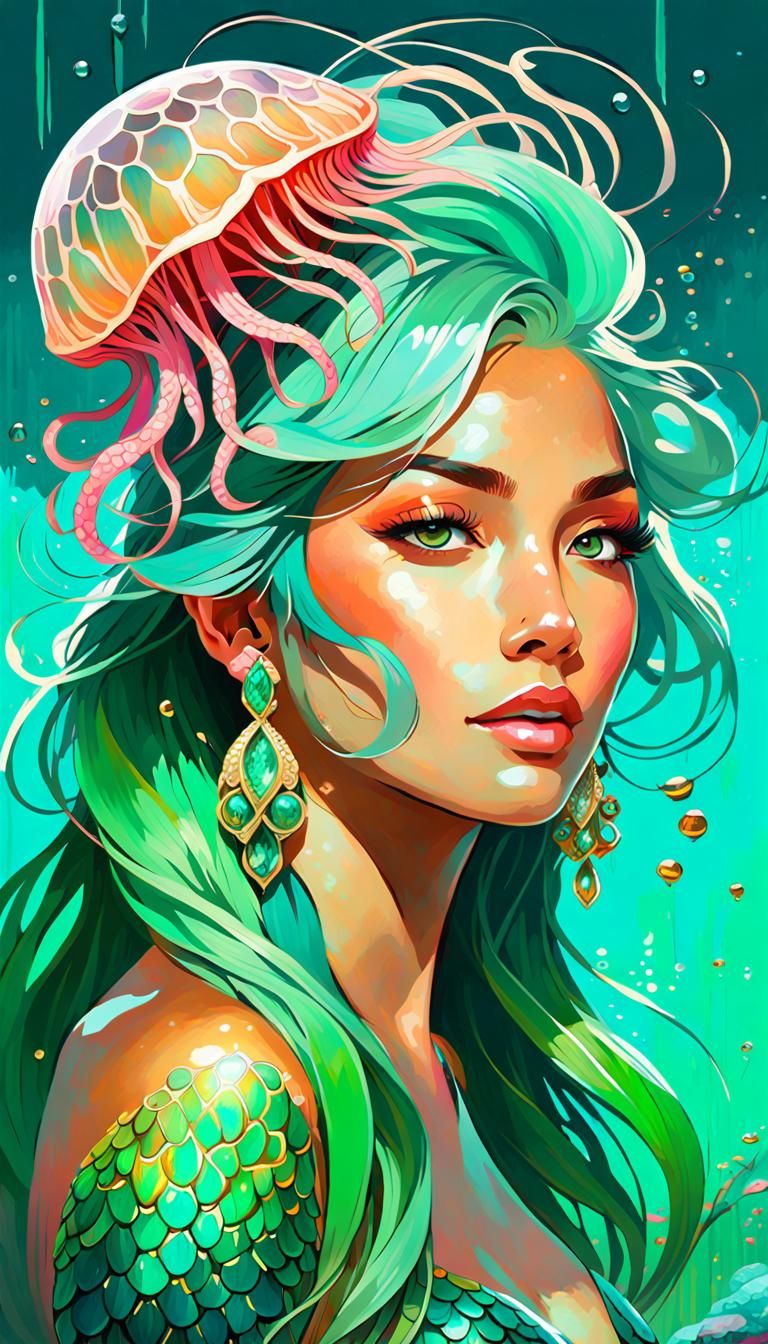 Mermaid with Silver Jellyfish Hair, Digital Art