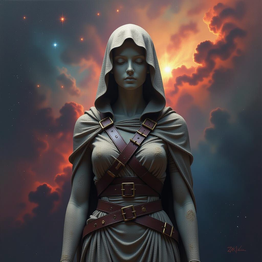 Stone Woman Statue in Cosmic Nebula, Giger & Beksiński Inspi...