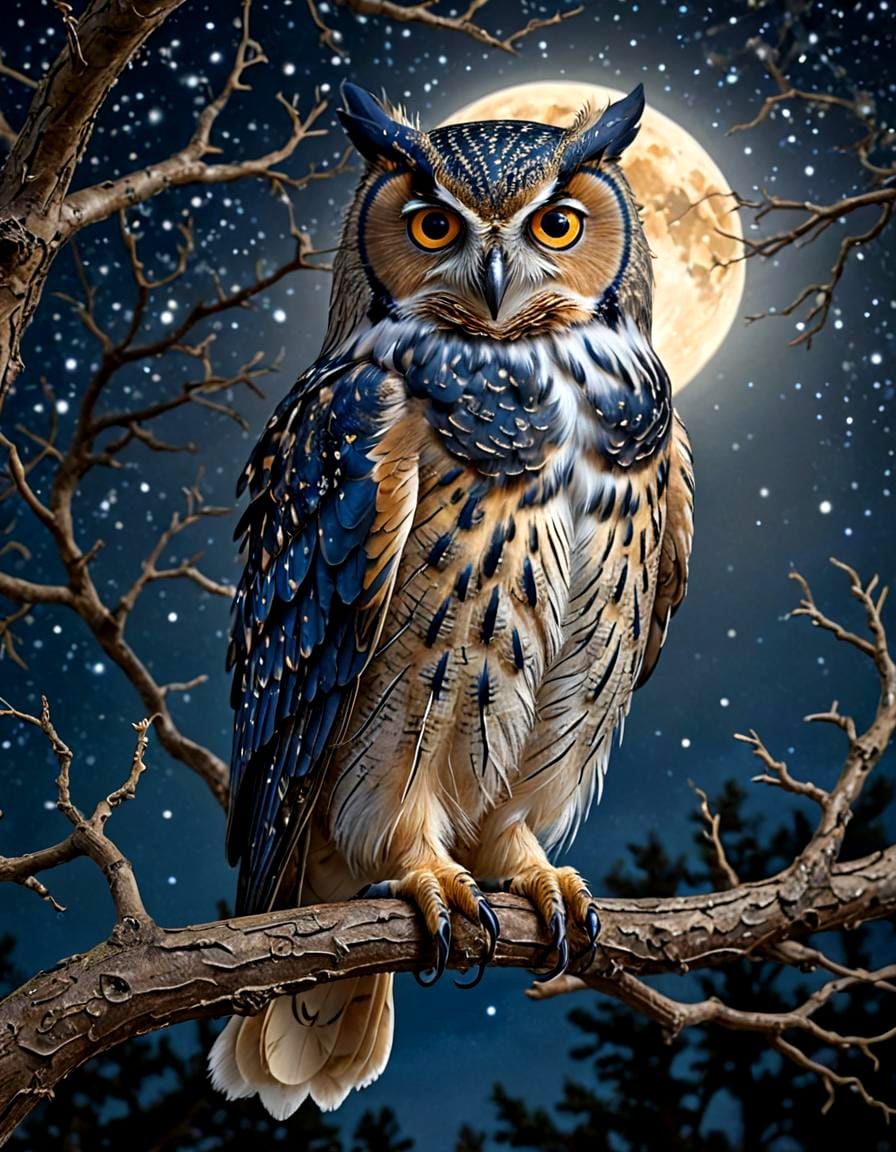 Starry Night Owl on Gnarled Branch