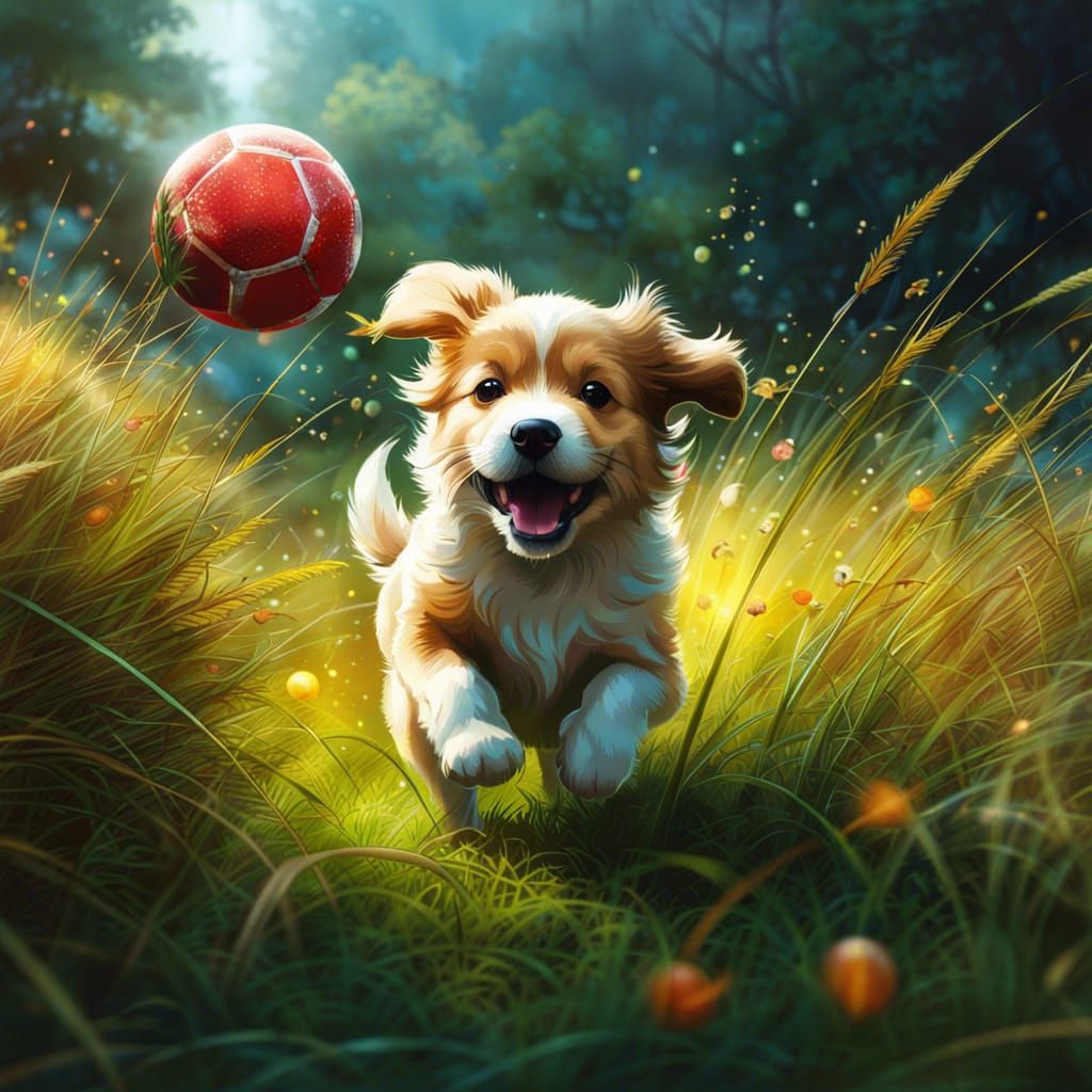 Happy Puppy Fetching Ball in Hyperrealistic Style