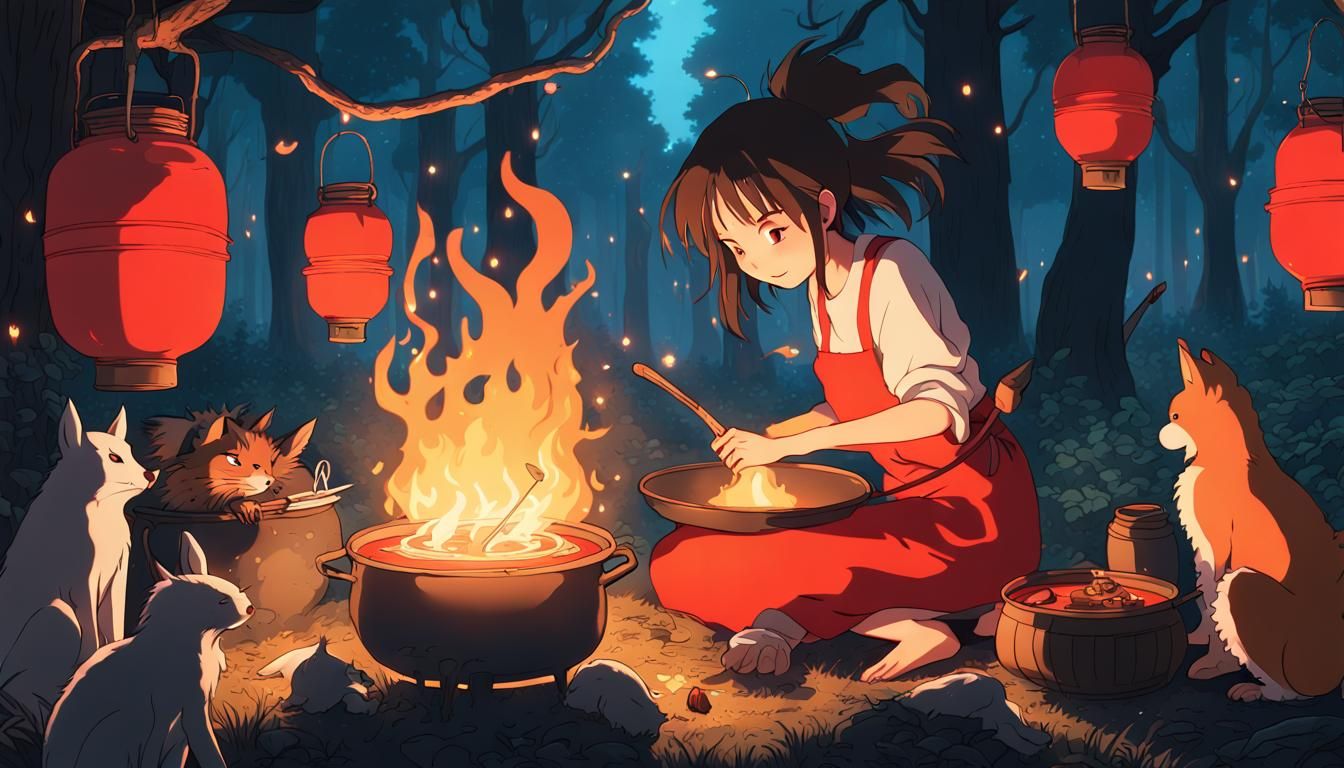 Anime Witch Prepares Meal in Forest at Night