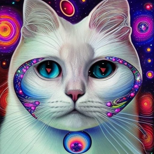 White Cat with Galaxy Eyes: Psychedelic Surrealism