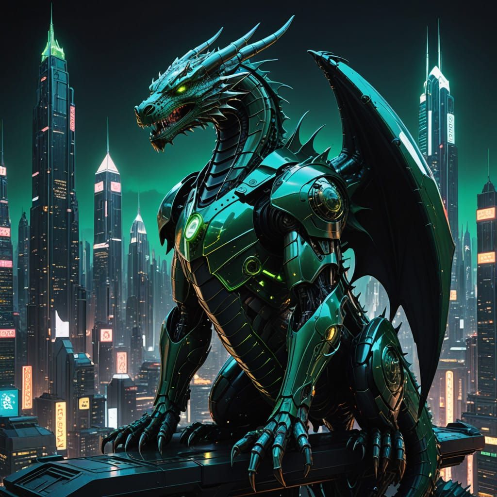 Robotic Dragon Dominates Futuristic Cityscape in Cyberpunk S...