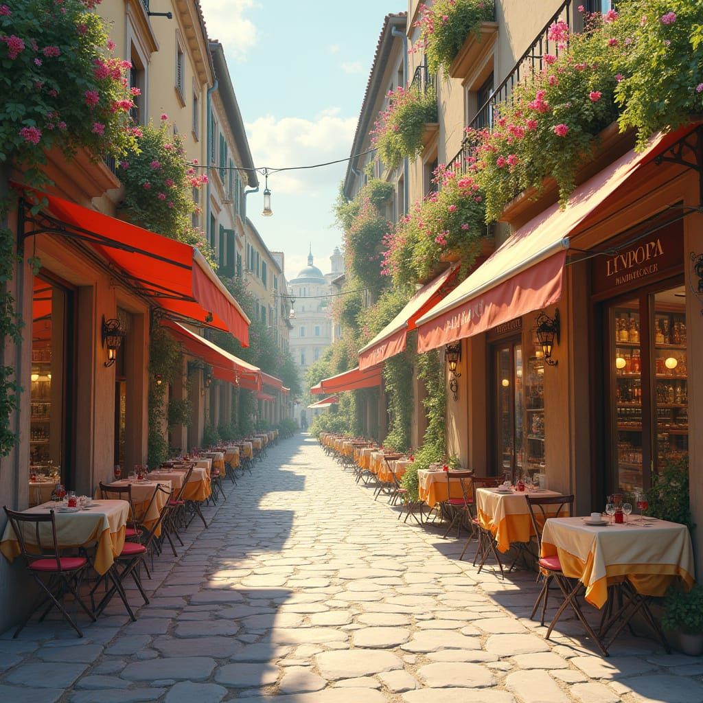 Surreal European Street Scene in Impressionist Style