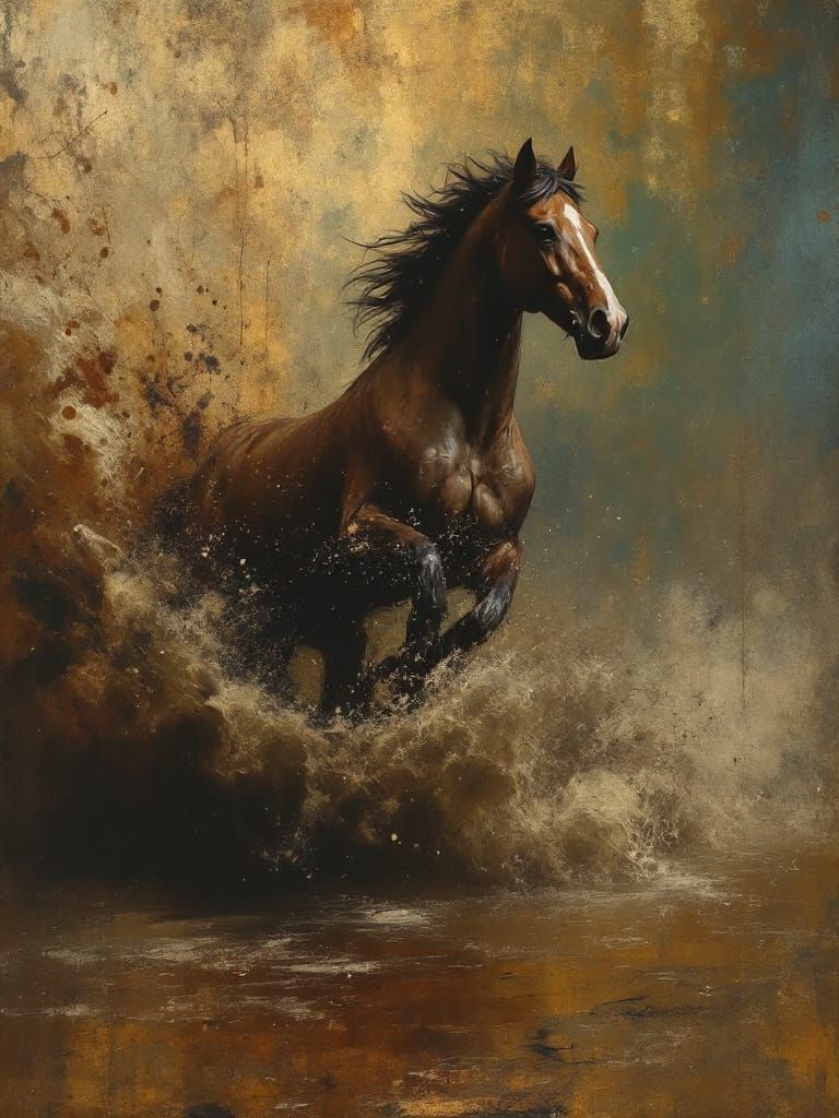 Bay Horse Running Free in Textured, Oxidized Atmosphere
