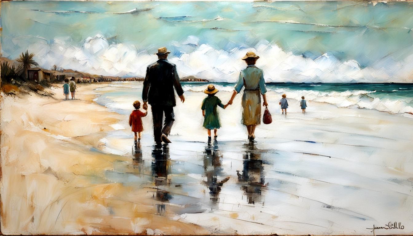 Family beach visit in the style of Joaquin Sorolla.