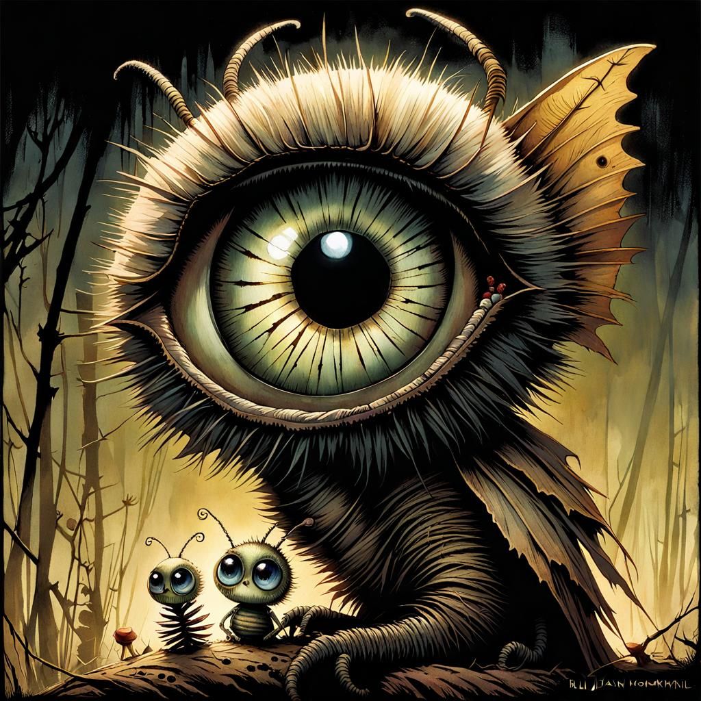 Creepy Cute Doll and Caterpillar Illustration