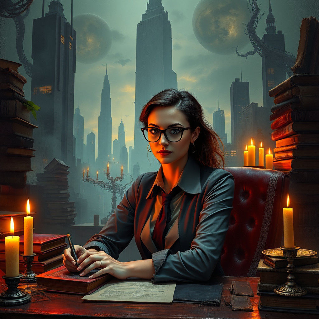 Lovecraftian Office Worker in Dystopian Cityscape