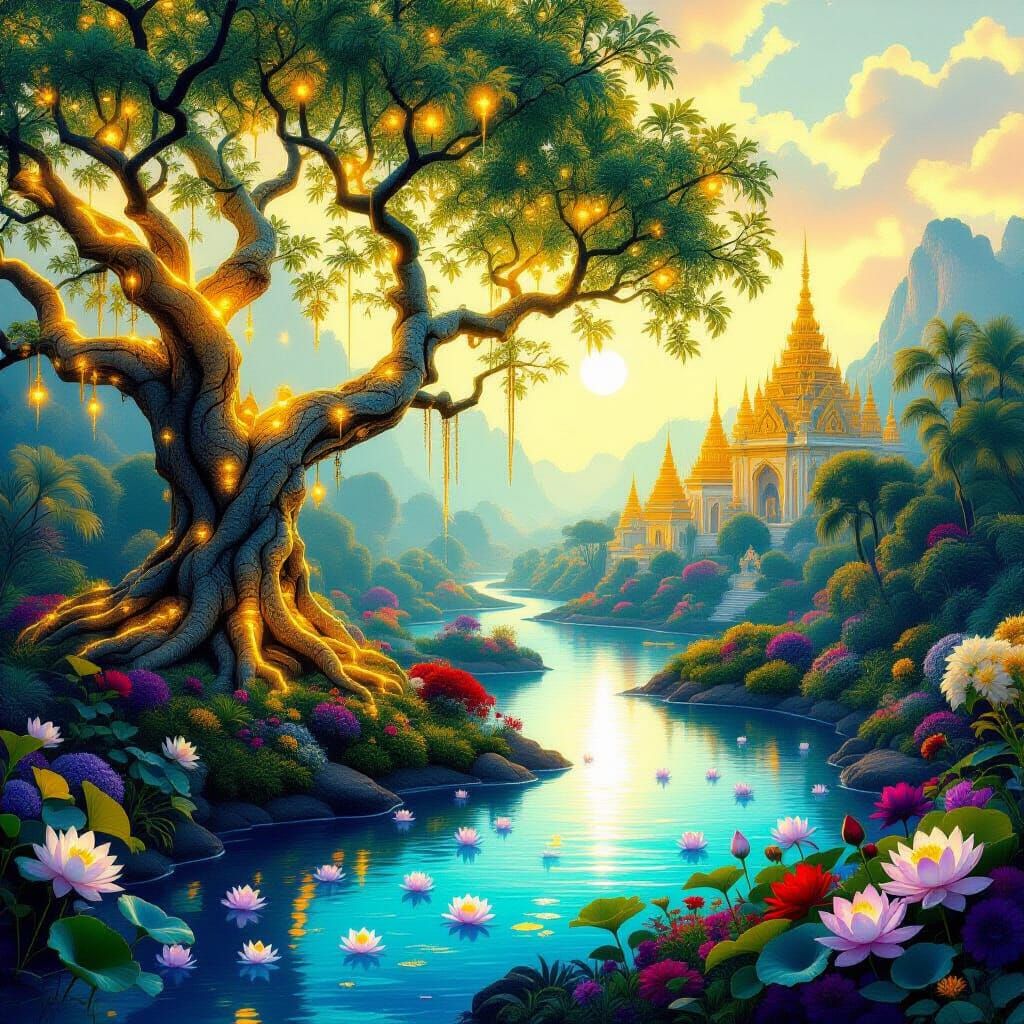 Radiant Kalpavriksha Gardens with Divine Palaces