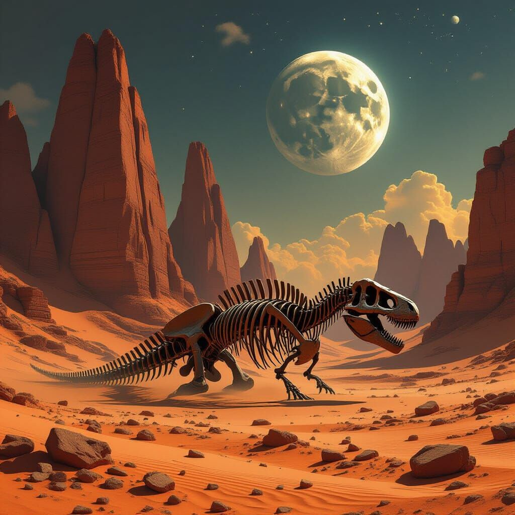 Alien Desert Dinosaur Skeleton Under Twin Moons