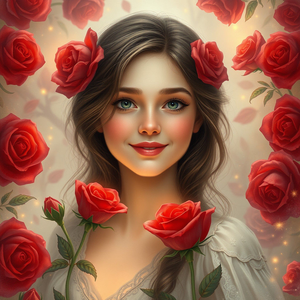 Glowing Woman Surrounded by Mystical Roses