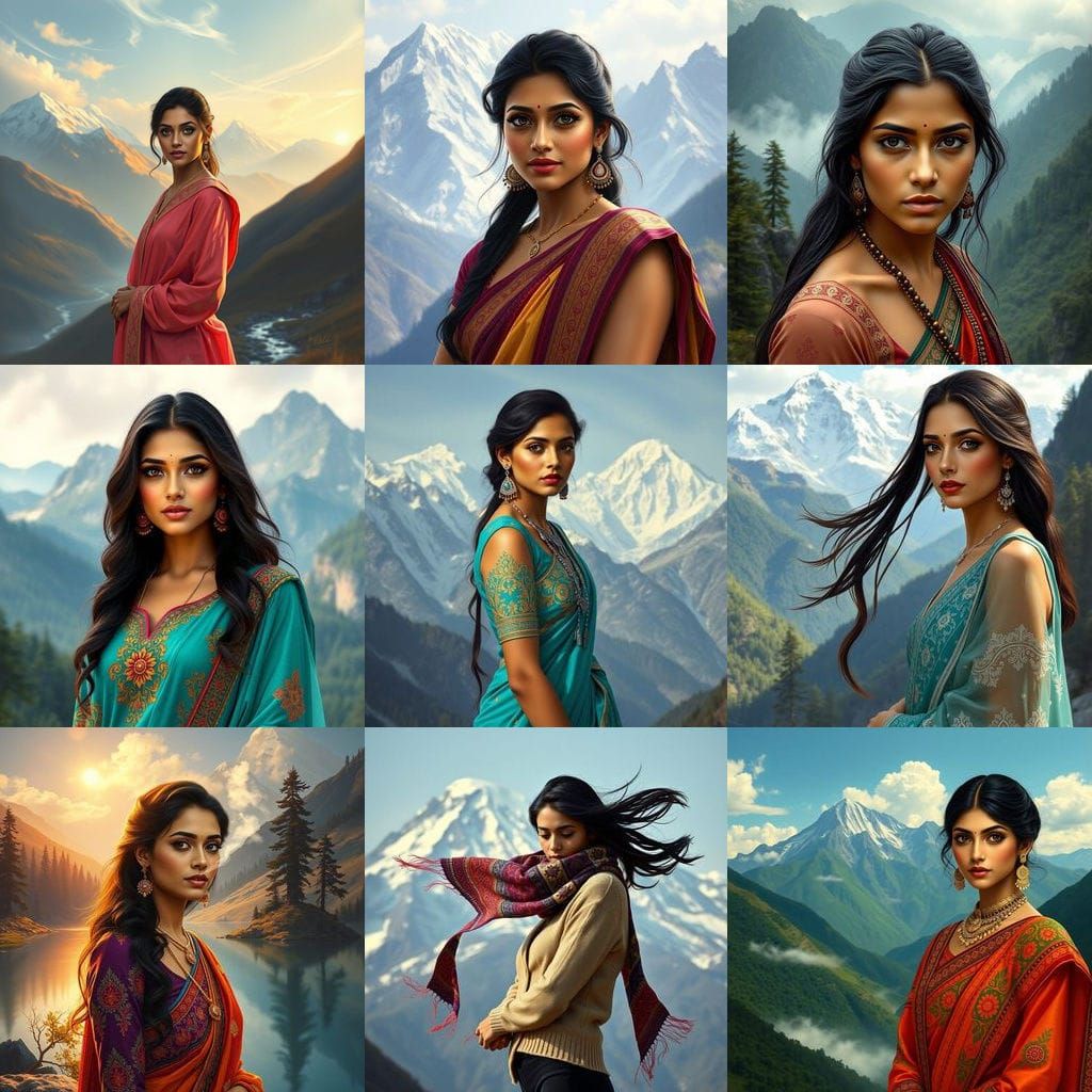 Svelte Indian Goddess Surveys Majestic Mountain Landscape