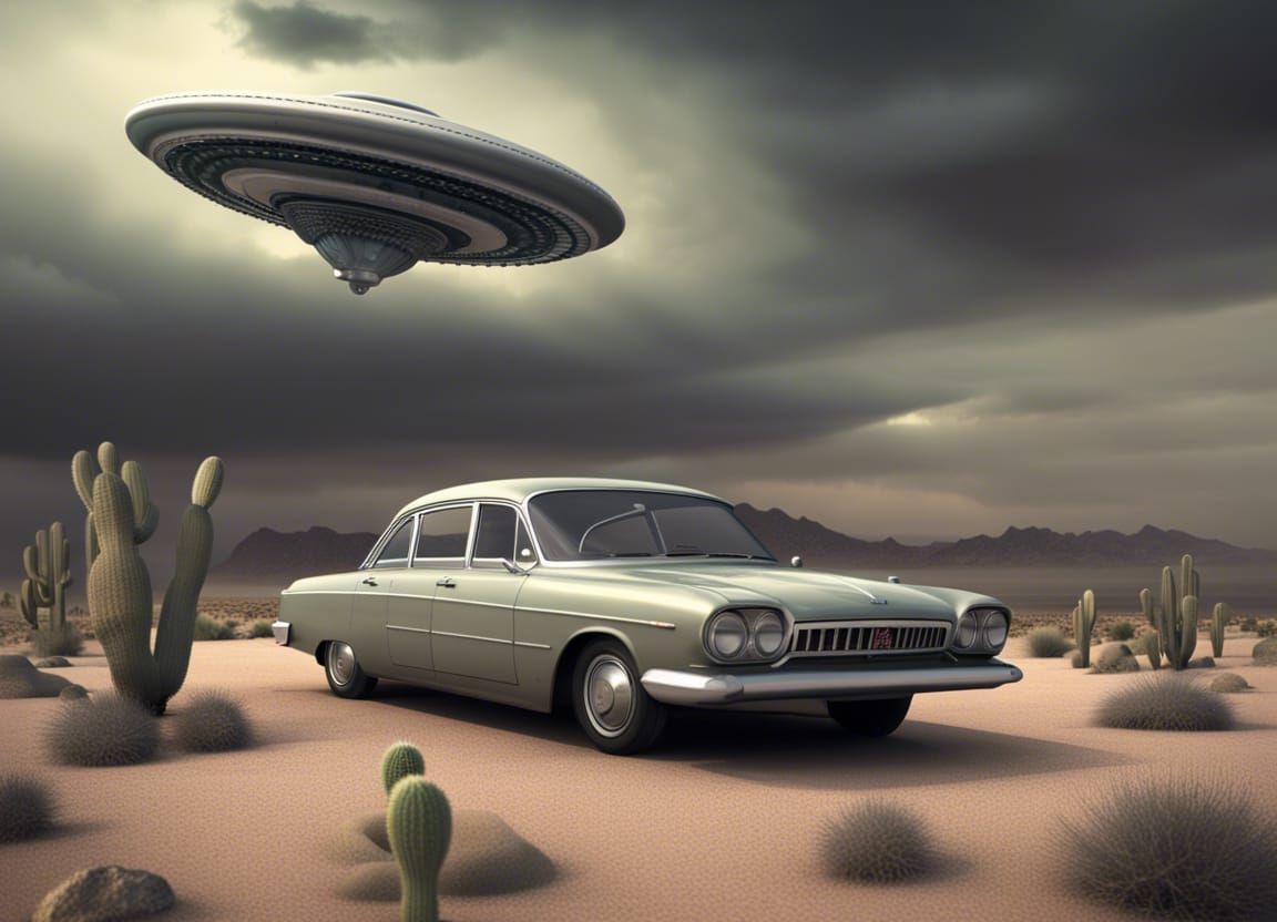 UFO Abduction of Car in Desert, Hyperrealistic 1960s Style