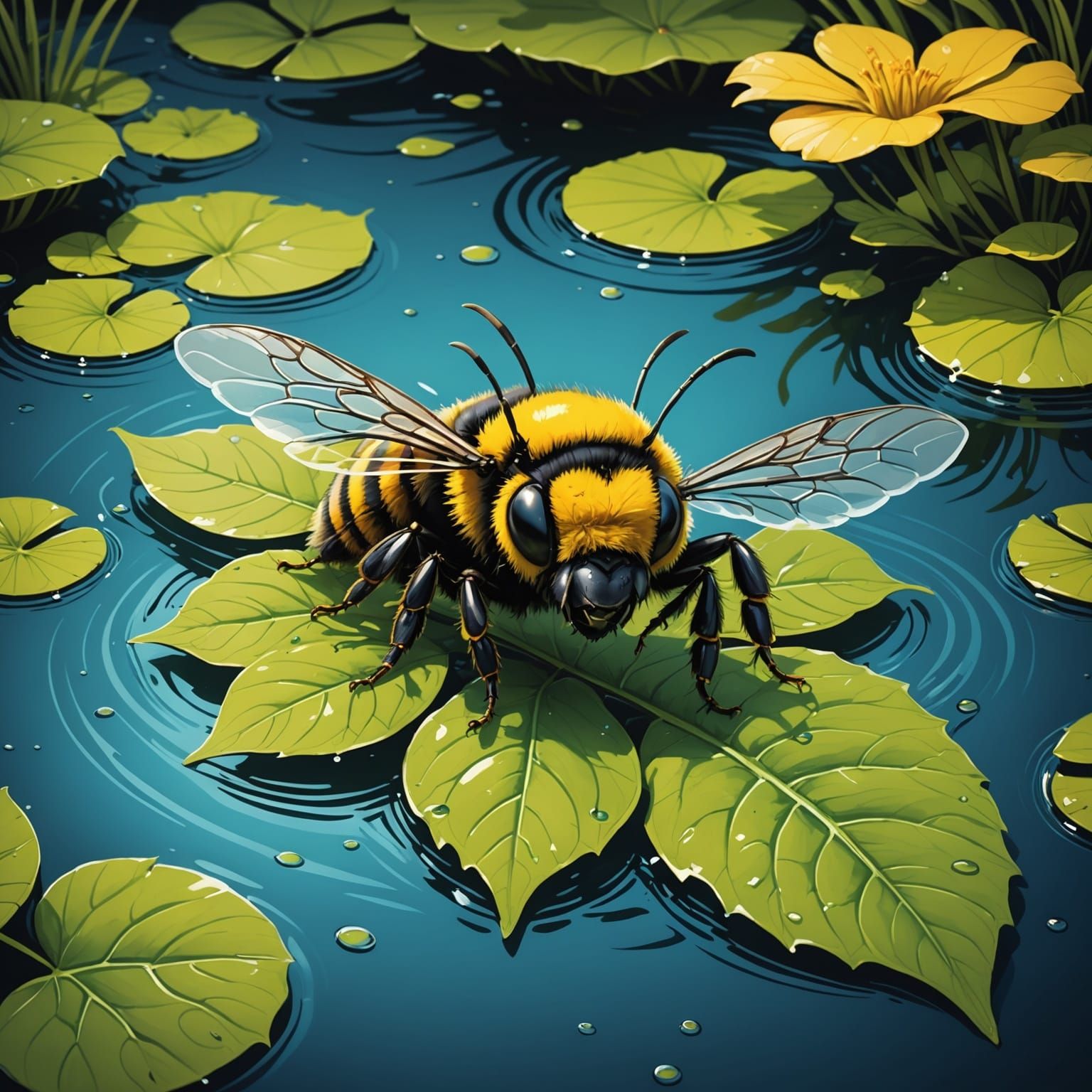 Sleepy Bumblebee Reclining on a Leaf: Comic Book Art