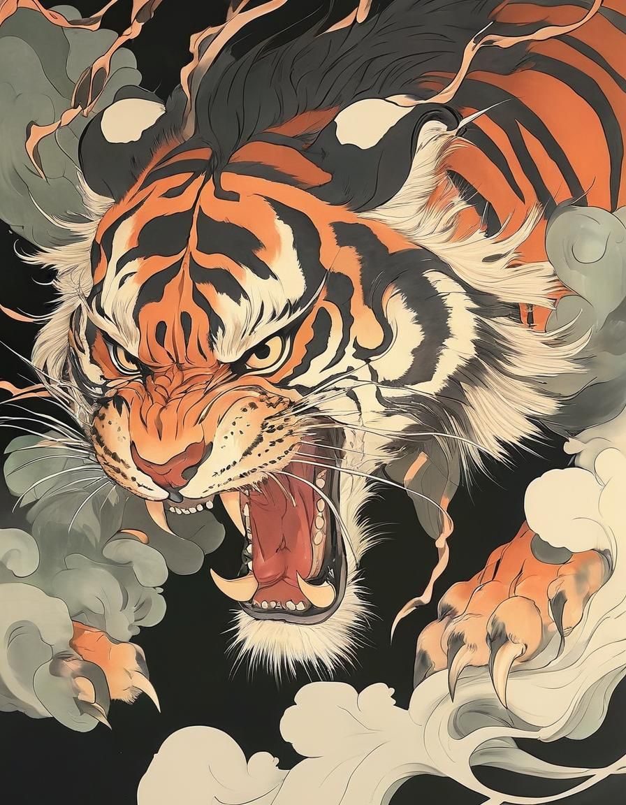 Ukiyo-e Style Painting of Fighting Tigers and Leopards