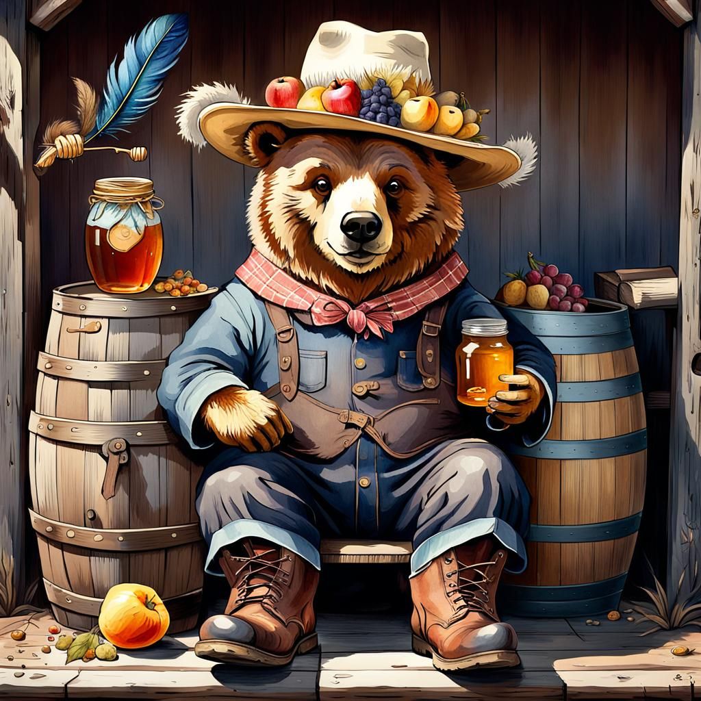 Cheerful Bear with Honey in Watercolor Style