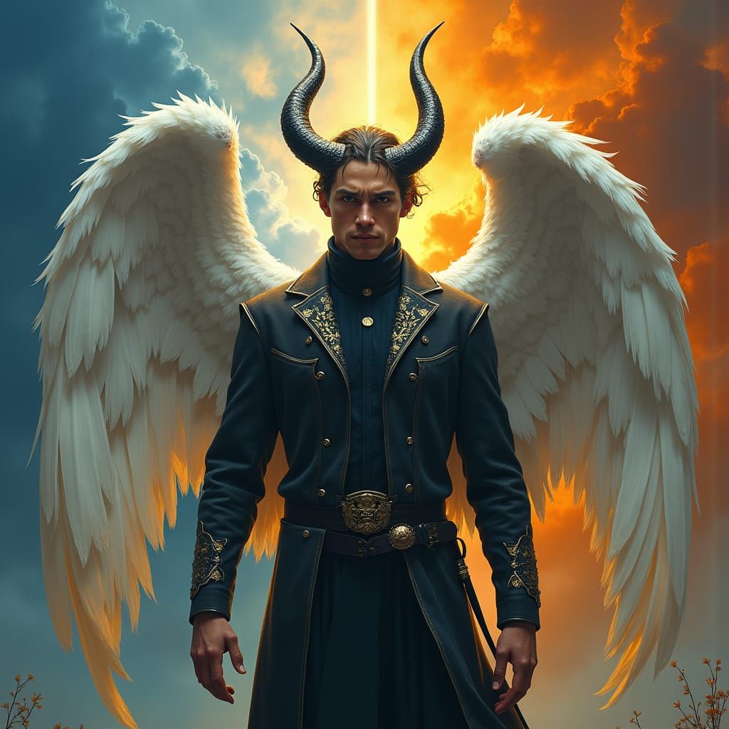 Hybrid Angel Demon Contemplation in Beksiński Style