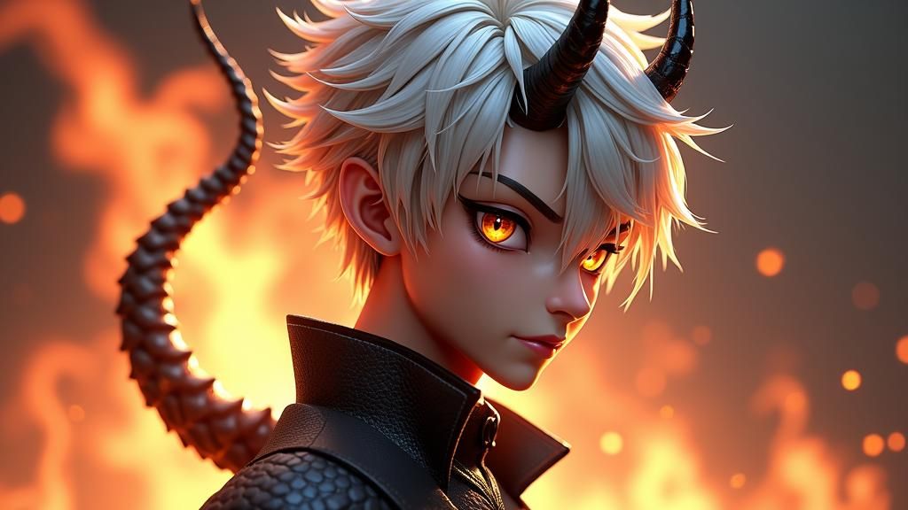 Platinum Haired Demon with Piercing Gaze, in Anime Style