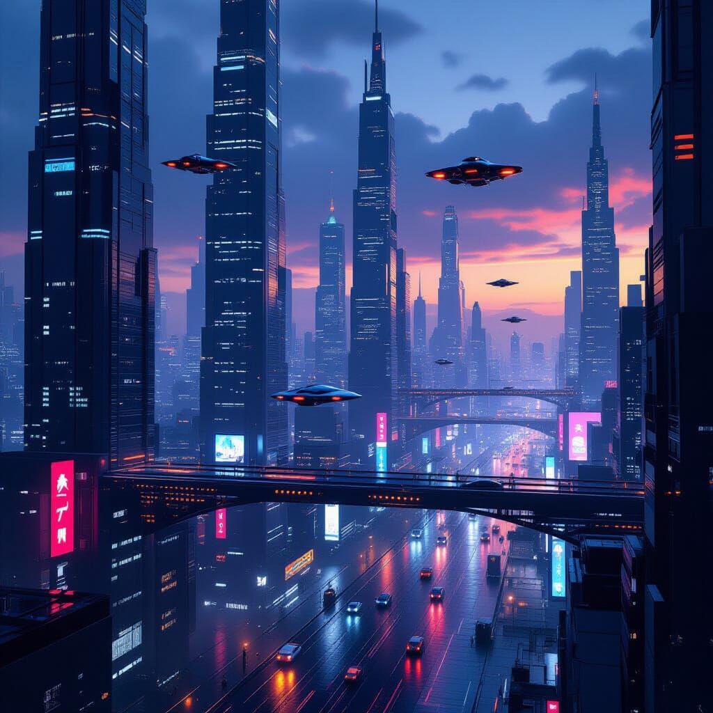 Futuristic Metropolis at Dusk with Flying Vehicles