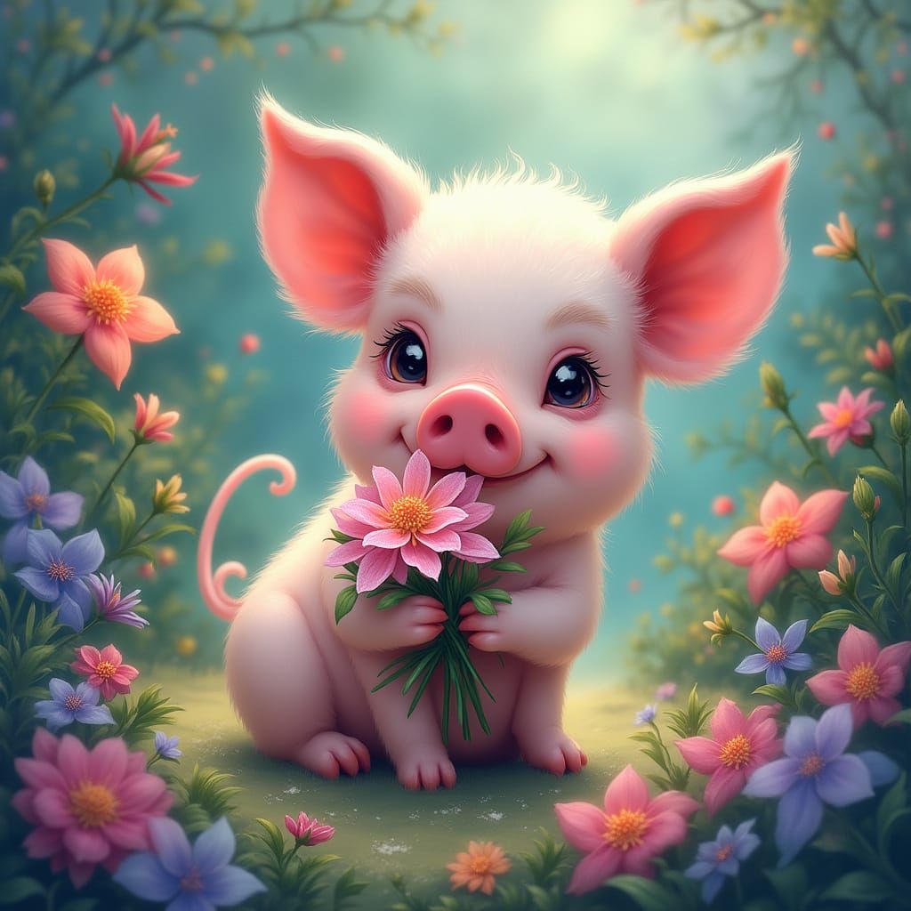 Piglet in Mystical Garden, Digital Painting