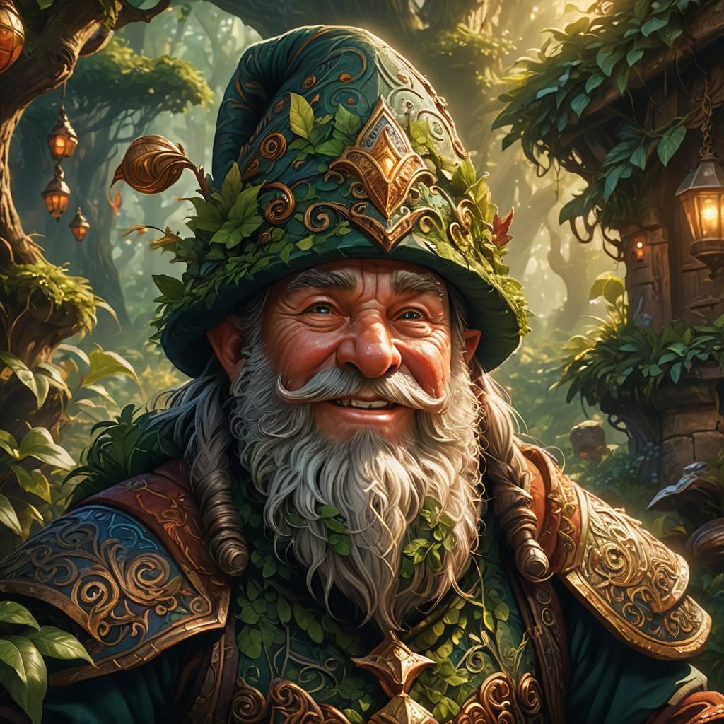 Happy Dwarf with Pointed Hat in Matte Painting Style