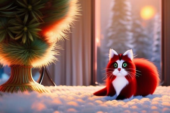 Adorable Kitten with Christmas Gift, Anime Style