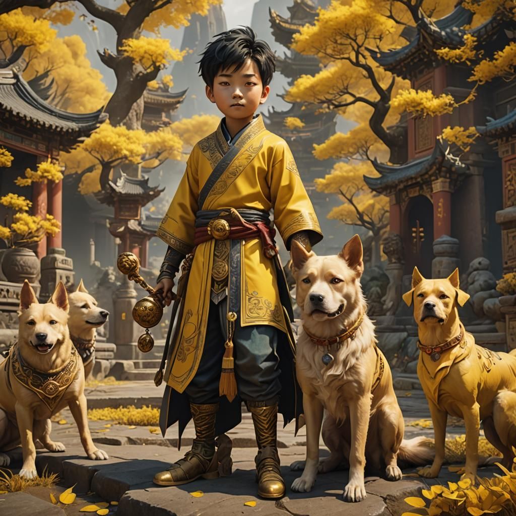 Xianxia Boy with Spiritual Dog: Detailed Matte Painting