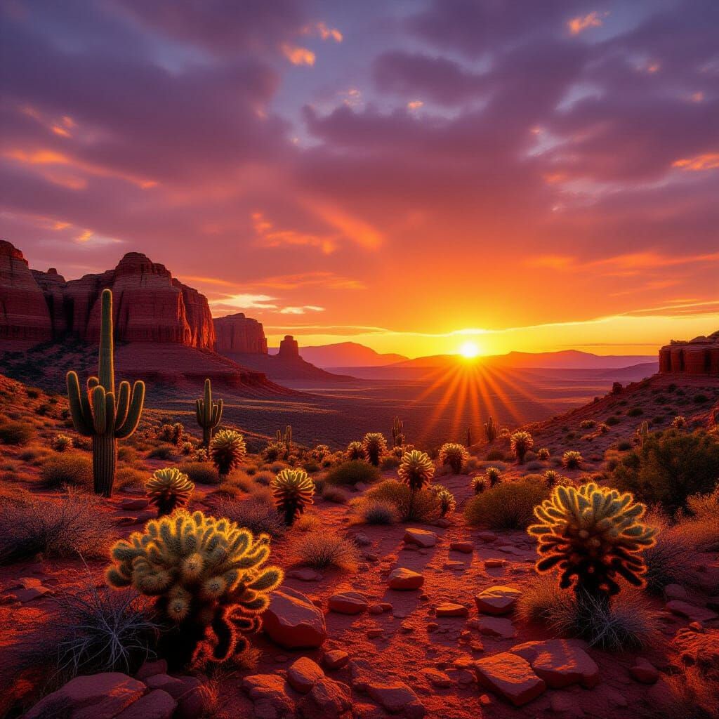 Dramatic Sunrise Over Red Rock Desert Landscape