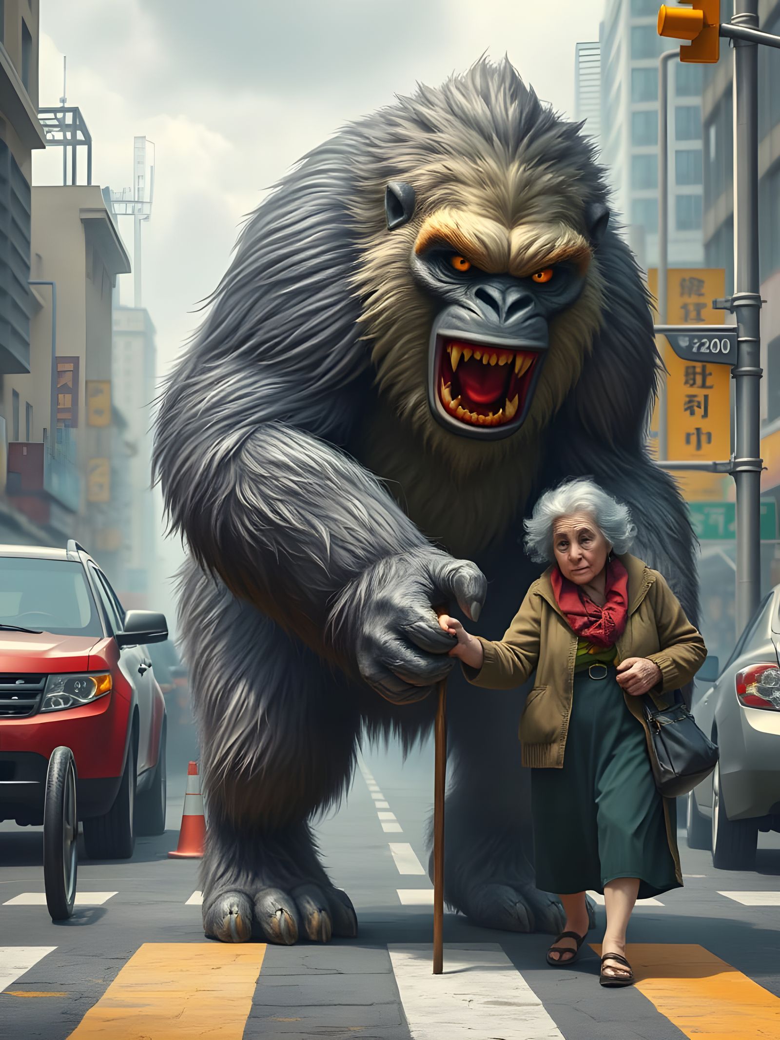 Kind Yeti Helps Elderly Woman Cross Street