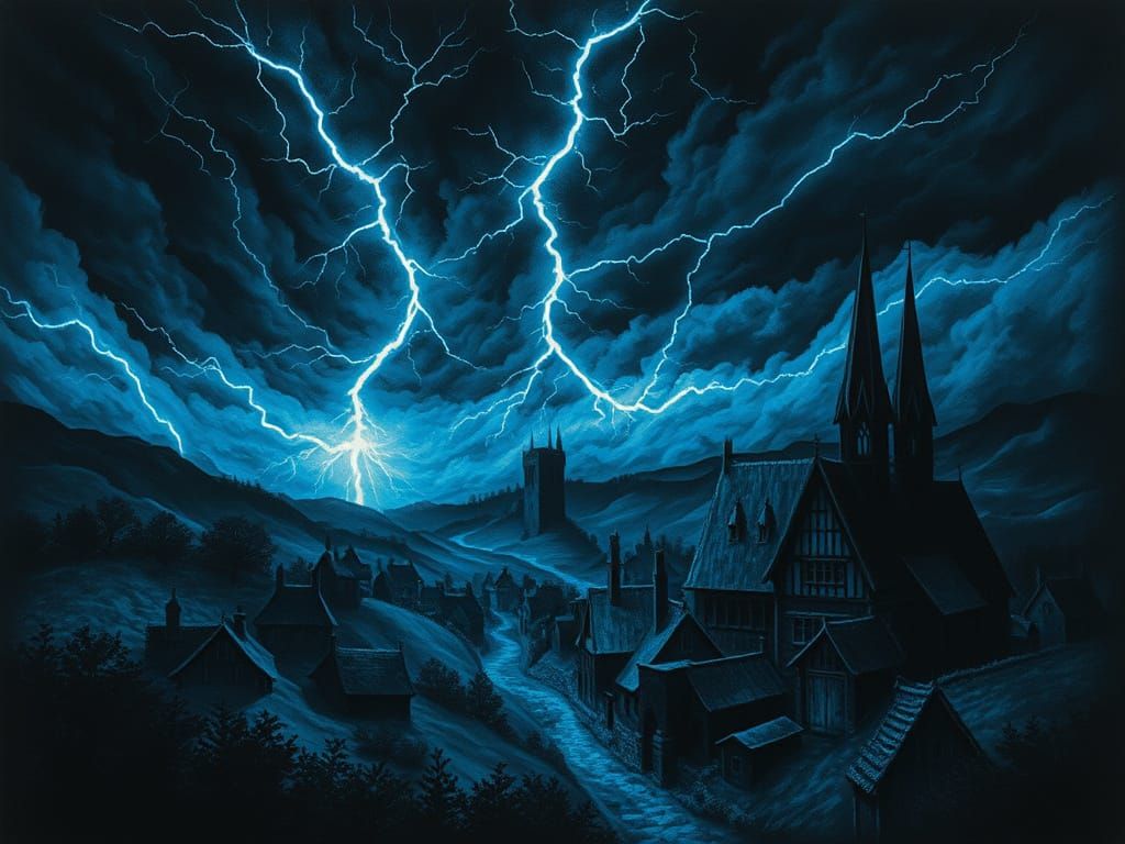 Fractals in Medieval Village Under Electric Blue Lightning