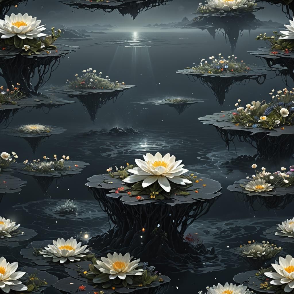 Glowing Flower Illuminates Dark Ocean, Fantasy Concept Art