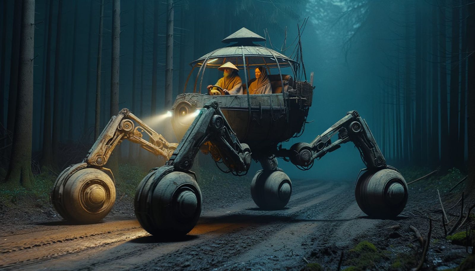 Futuristic Spider Vehicle on Forest Road at Night