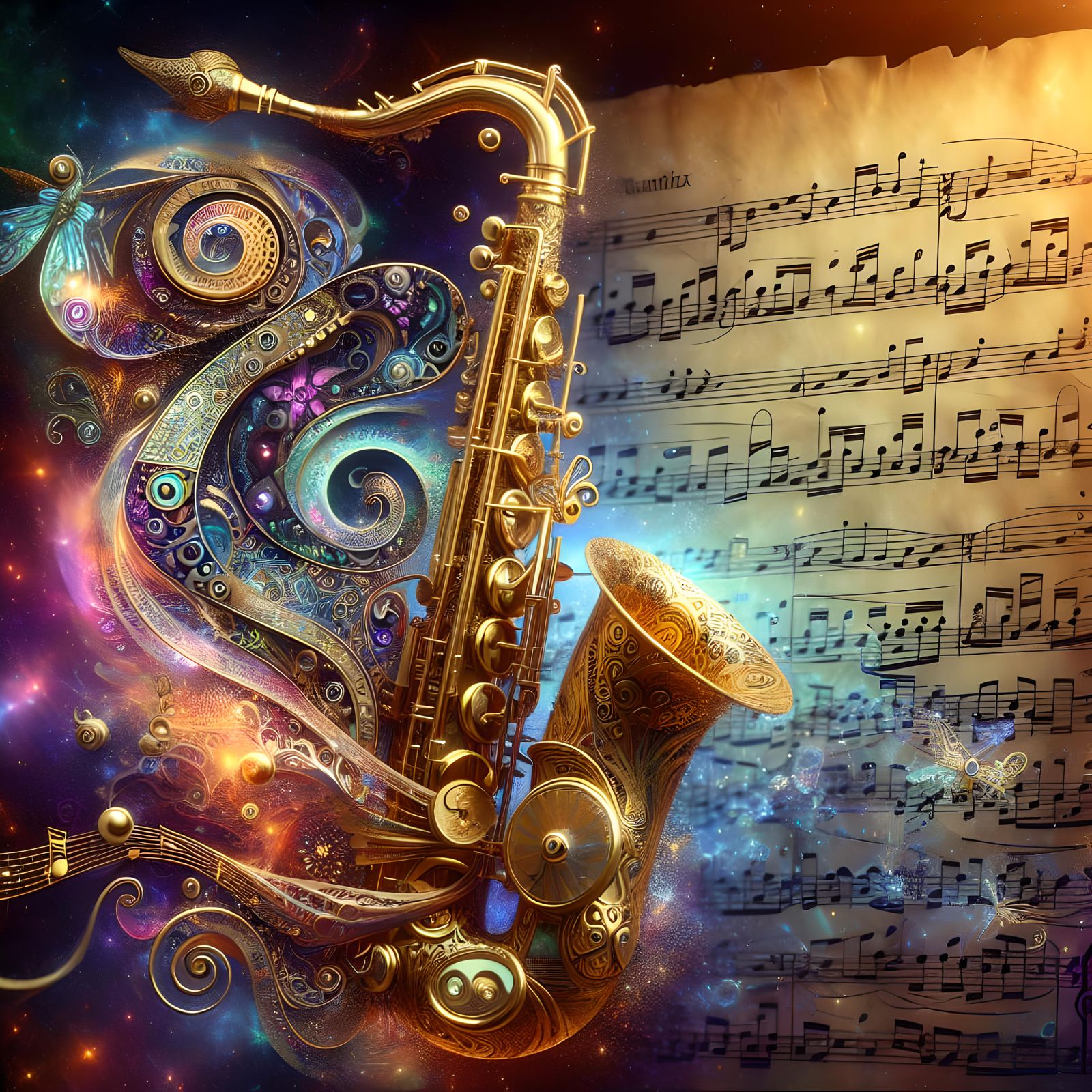 Golden Saxophone with Flowing Music Notes in Astral Style