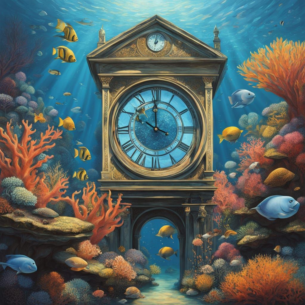Surreal Clock Tower Submerged in Coral Reef