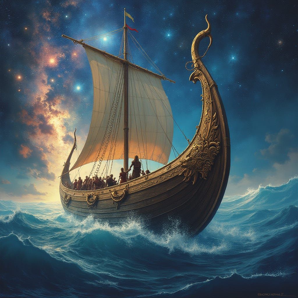 Viking Longboat Sails Through Cosmic Vortex in Vibrant, Ethe...