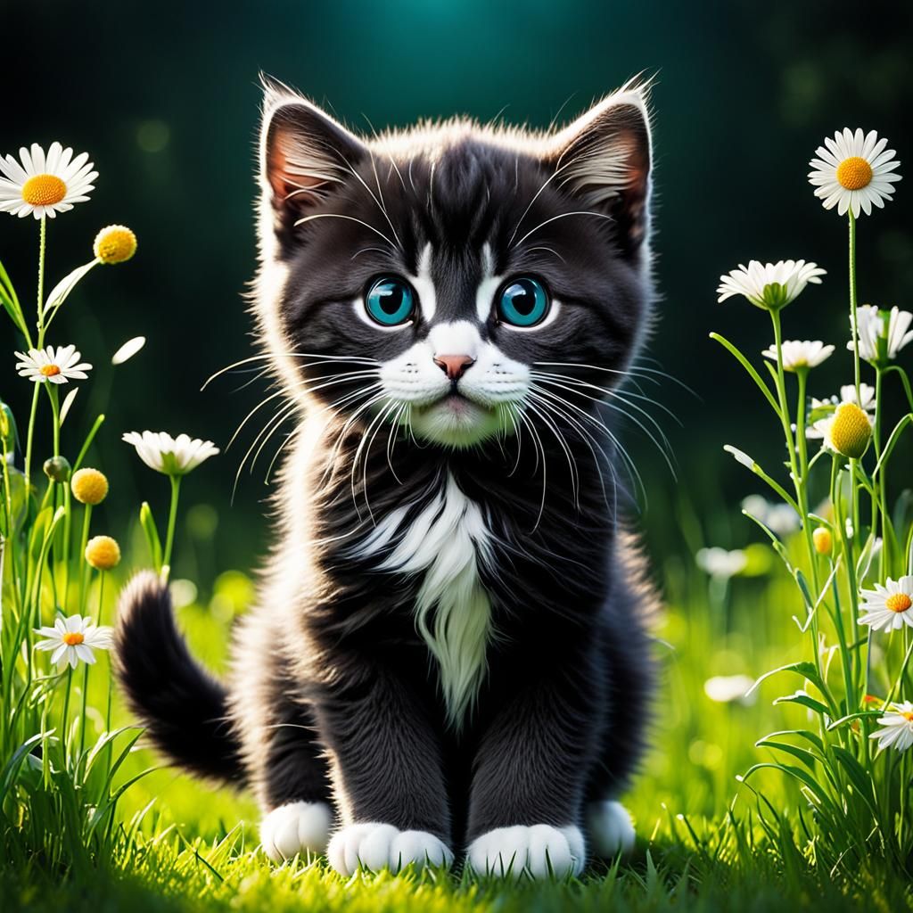 Comical Kitten with Gothic Text in Flower Meadow
