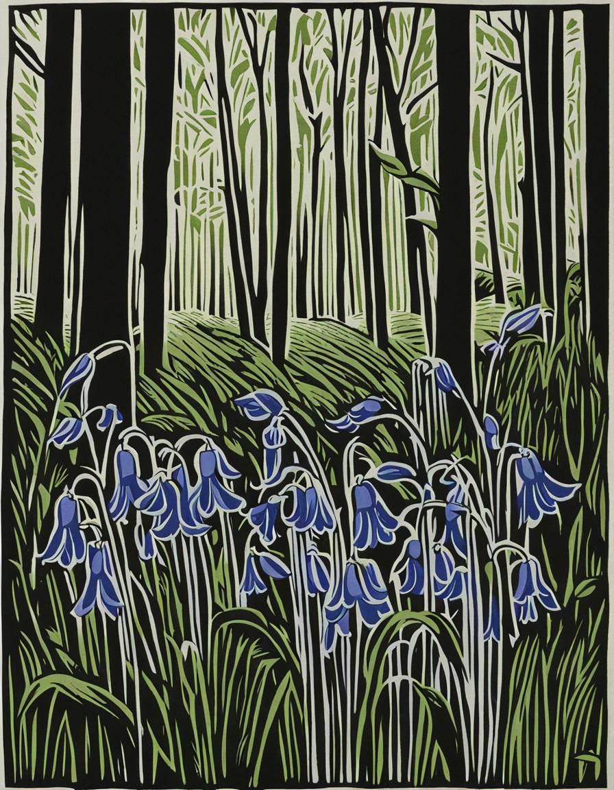 Linocut of bluebells