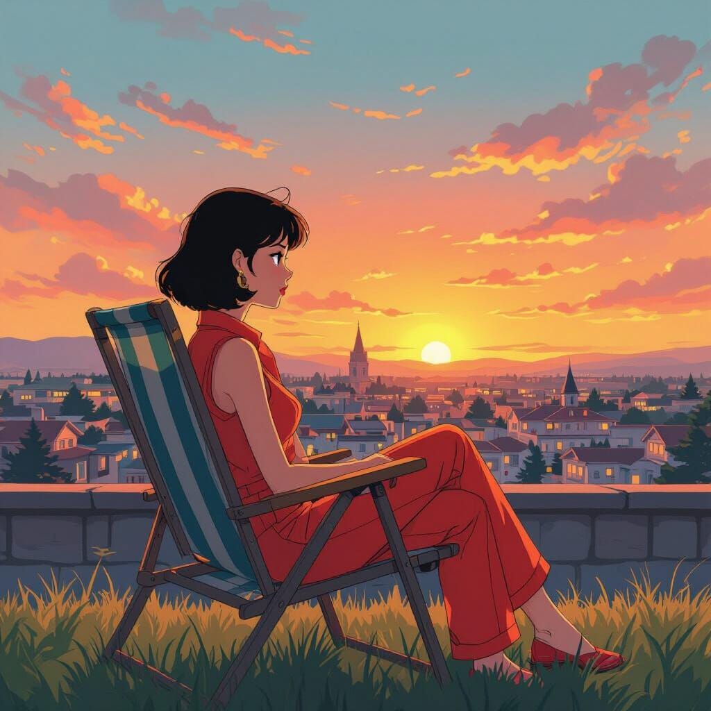 Anime Girl in 1950s Town at Sunset, Ghibli Style