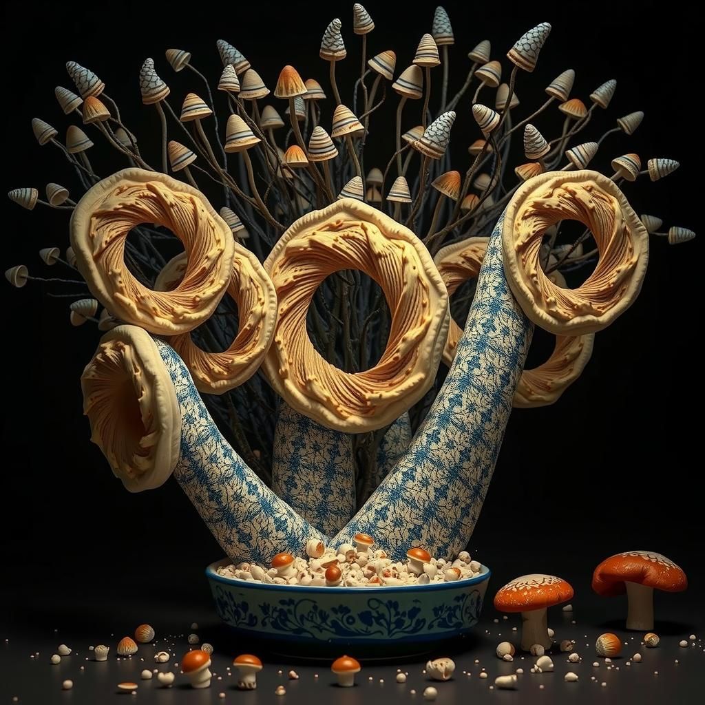 Elderly Artisans Tending to Giant Mushrooms